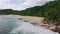 Aerial 4K drone view of late evening on tropical sandy beach at Mahe island, Seychelles