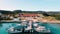 Aerial 4k fisherman pier with hotel in Karpaz Golden Beach, North Cyprus
