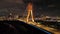 Aerial 4k video of Xinbei bridge at night. Cars passing through the bridge with colorful lights.