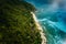 Aerial above view of lonely boat moored at secluded remote tropical uninhabited island with white sand beach, coconut