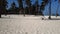 Aerial: African man dancing in a palm grove on the beach