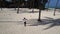 Aerial: African man dancing in a palm grove on the beach