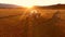 Aerial agricultural footage: tractor collecting hay and making haystacks. Haymaking during beautiful golden sunset. hd