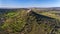 Aerial. Ancient Spanish castle Miraflores, in the town Alconchel, Badajoz.