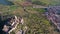 Aerial. Ancient Spanish historical castle Miraflores, in the town Alconchel, Badajoz. In summer.