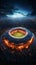 Aerial arena view, 3D top down scene reveals soccers grandeur at night