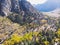 Aerial autumn fall view aerial drone view of Mono County, Inyo National Forest, with forest, mountains, road in summer day,