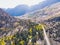 Aerial autumn fall view aerial drone view of Mono County, Inyo National Forest, with forest, mountains, road in summer day,