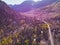 Aerial autumn fall view aerial drone view of Mono County, Inyo National Forest, with forest, mountains, road in summer day,