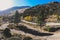 Aerial autumn fall view aerial drone view of Mono County, Inyo National Forest, with forest, mountains, road in summer day,