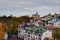 Aerial autumn landscape view of Andrew descent Podil neighborhood. The Richard`s Castle-Lion Heart