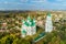 Aerial autumn view of Cathedral of the Nativity of the Most Holy Mother of God  in Kozelets town, Chernihiv region, Ukraine