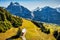 Aerial autumn view of Grindelwald village valley from cableway. Wetterhorn and Wellhorn mountains, located west of Innertkirchen i