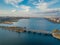 Aerial autumn Voronezh cityscape from drone flight height. View of the bridge over Voronezh Water Reservoir