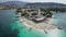 Aerial, Azure Beach with Empty Sun Loungers and Boats, Balkan Sea Coast, Albania