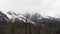 Aerial of bald tree tops and high snowy mountains covered by heavy clouds. Stock footage. Winter landscape with high