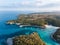 Aerial: The beach of Cala Mondrago in Mallorca, Spain