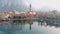 Aerial beautiful morning cityscape of Lecco town, Lombardy, Italy, Europe