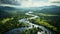 Aerial beautiful shot of a long run river through the jungle