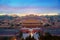 Aerial bird view of the architecture building and decoration of the Forbidden City at night in Beijing, China. Asian tourism,