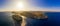 Aerial birds eye view drone panoram Anthony Quinn on Rhodes island, Dodecanese, Greece. Panorama with nice lagoon and clear blue