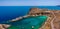 Aerial birds eye view drone photo Saint Paul bay near village Lindos, Rhodes island, Dodecanese, Greece. Sunny panorama with