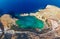 Aerial birds eye view drone photo Saint Paul bay near village Lindos, Rhodes island, Dodecanese, Greece. Sunny panorama with