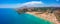 Aerial birds eye view drone photo Tsambika beach near Kolympia on Rhodes island, Dodecanese, Greece. Sunny panorama with sand