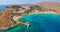 Aerial birds eye view drone photo of village Lindos, Rhodes island, Dodecanese, Greece. Sunset panorama with castle, Mediterranean