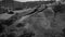 Aerial black and white image of California foothills with oak trees