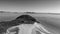 Aerial black and white panoramic view of Whitehaven Beach from d