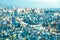 Aerial bokeh of Tokyo skyline from above after sunset on blue hour