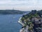 Aerial Bosphorus landscape ferry and bridge visible