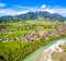 Aerial Brauneck Isar River Lenggriess Wegscheid. Bavarian Alps. Ski Resort. May 2019
