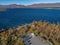 aerial Car Camping Caravan parking lake Abisko national park Bjoerkliden swedish lapland fall colors ruska indian summer