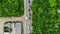 Aerial. Car traffic on the narrow asphalt road between green trees. Top view