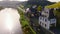 Aerial of Castle of the Leyen, road passing castle Wasserburg near Kobern Gondorf on the Moselle River, Germany.