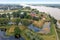 Aerial from castle Loevestein in a flooded landscape in the Netherlands