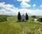 Aerial of chapel of Capella di Vitaleta in the Tuscan landscape of the Val d`Orcia