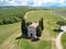 Aerial of chapel of Capella di Vitaleta in Tuscan Val d`Orcia