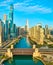 Aerial Chicago Skyline at Golden Hour with River Bridge