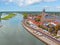 Aerial from the city Deventer at the river IJssel in the Netherlands