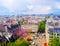 Aerial city view of beautiful buildings on horizon in spring in Paris,View on Eiffel Tower,Business Center La Defense,Paris,France