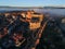 Aerial city view with the Episcopal Palace of Astorga, Leon, Spain in the evening