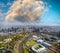 Aerial city view from helicopter at sunset, Melbourne