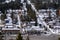 Aerial citycape view of Radium Hot Springs, British Columbia Canada in the winter. Residential and commerical areas. Jan. 21, 2019