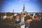 Aerial cityscape with Medieval Old Town and St. Olaf Baptist Church in Tallinn