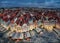 Aerial cityscape of Prague with colorful buildings at dusk