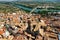 Aerial cityscape of Tudela with view of Ebro River and cathedral