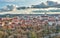 Aerial cityscape of Vilnius city old town with red roofs and churches